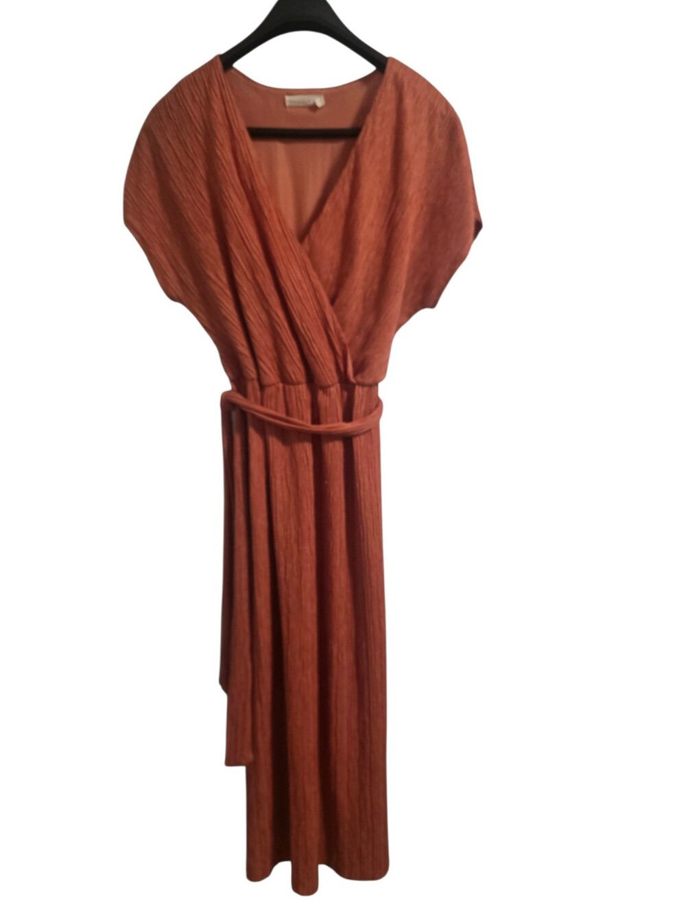 Lush Deep V-Neck Dual Side Slit Belted Creped Midi Cocktail Dress Size L Peach